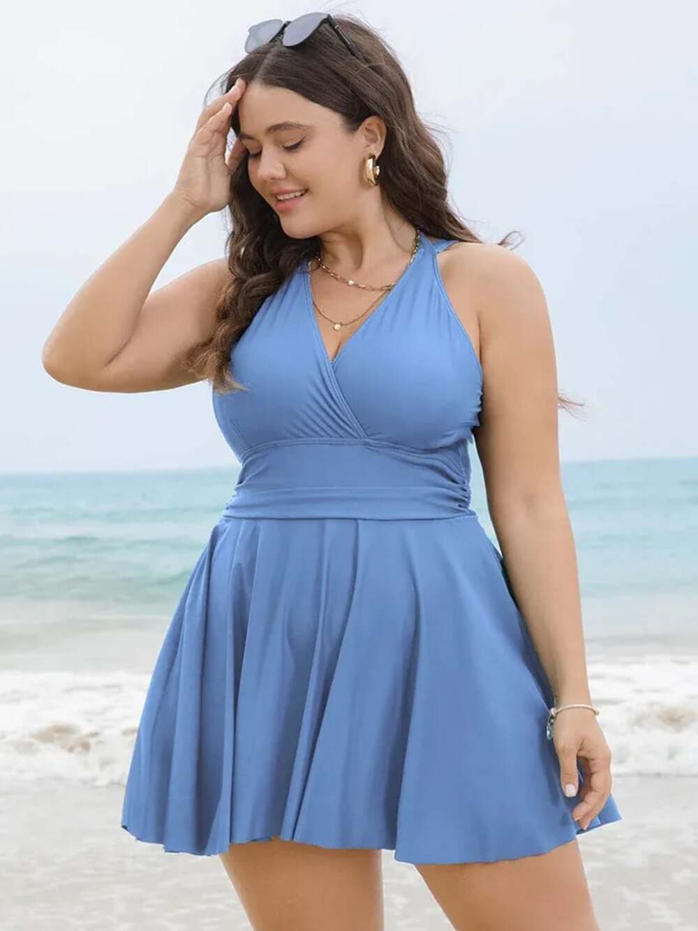 Plus Size 1X 14-16 Bloomchic Halter One Piece Swim Dress with Skirt and bottom